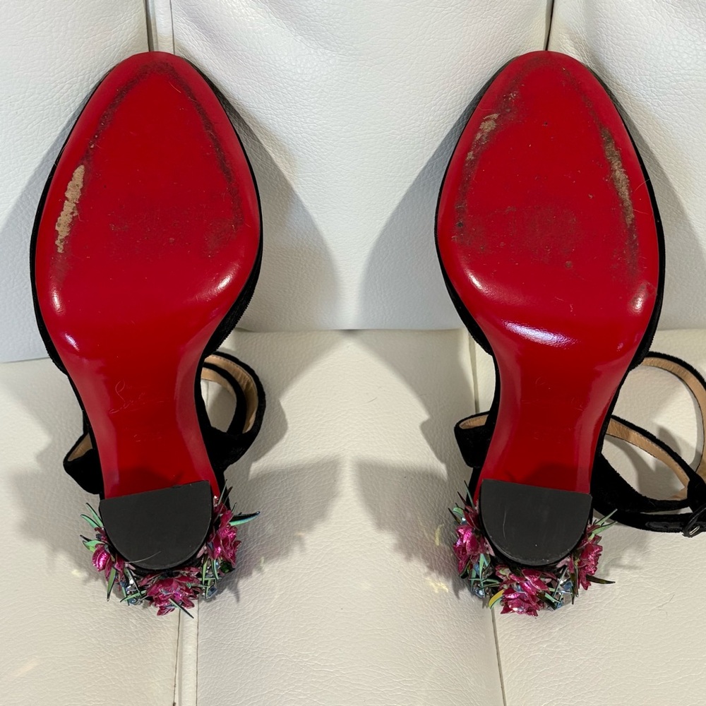 Christian Louboutin Black Velvet Heels with Floral Accents! - Picture 5 of 8